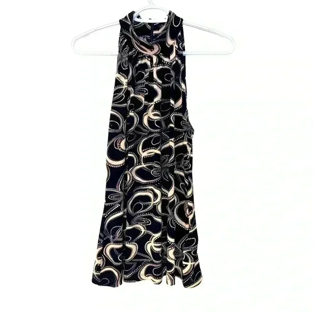 Chapter One vintage,navy blue w cream, high neckline, sleeveless, stretchy
